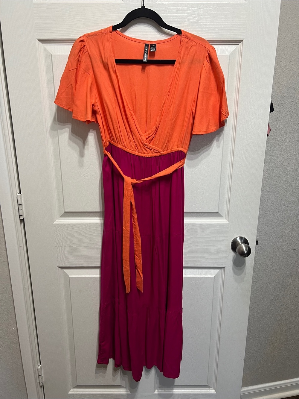 Colorblock Orange and Magenta V-Neck Maxi Dress
